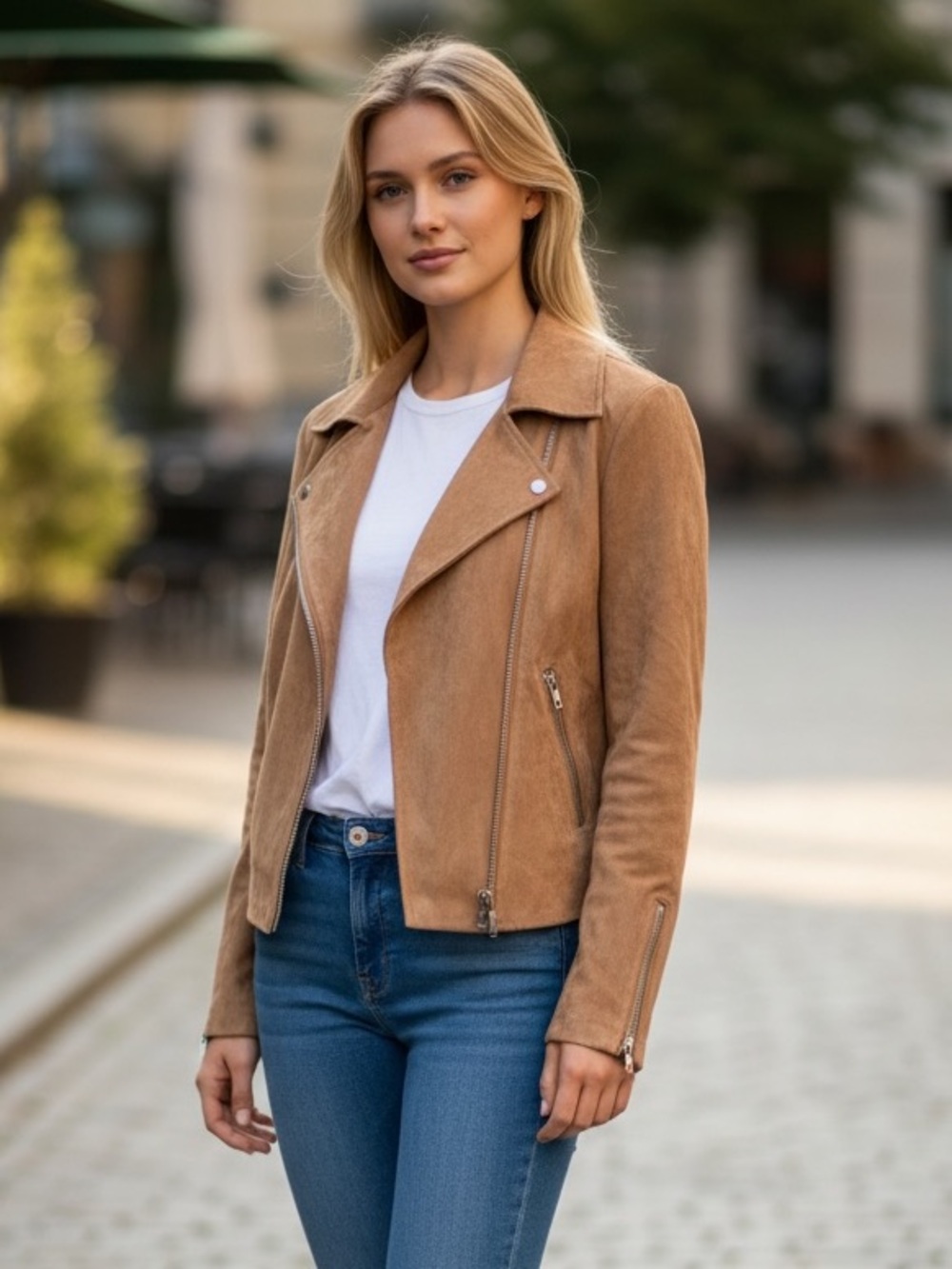 VICI Camel Faux Suede Moto Biker Jacket Medium Asymmetrical Zip Sleek - Picture 1 of 10
